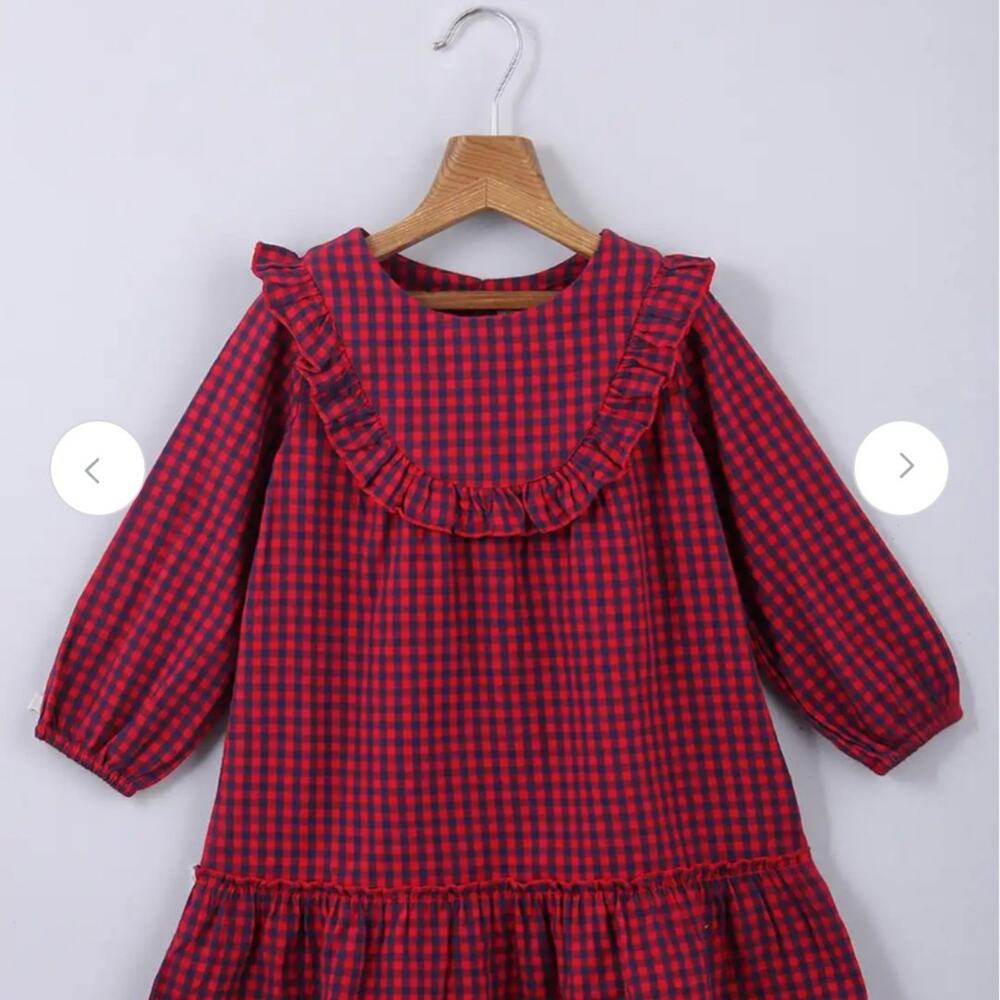 Beebay Girls Red & Black Gingham Ruffle Hem shift Dress 6 Years size NWT